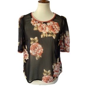 A NEW DAY Black + Orange Sheer Floral Blouse